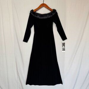 Vintage Alex Evening Black Velvet Faux Fur Off Shoulder Long Sleeve Maxi Dress